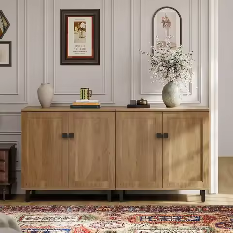 2-in-1 Storage Cabinet with Adjustable Shelves for Kitchen, Coffee Bar, Living Room in Oak Finish