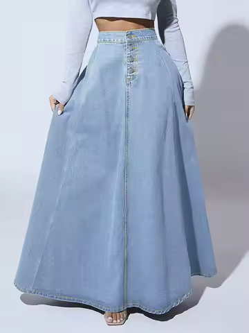 Women's High Waist Button Front Denim Maxi Skirt A-Line Vintage Long Jean Skirt Casual Flared Skirt