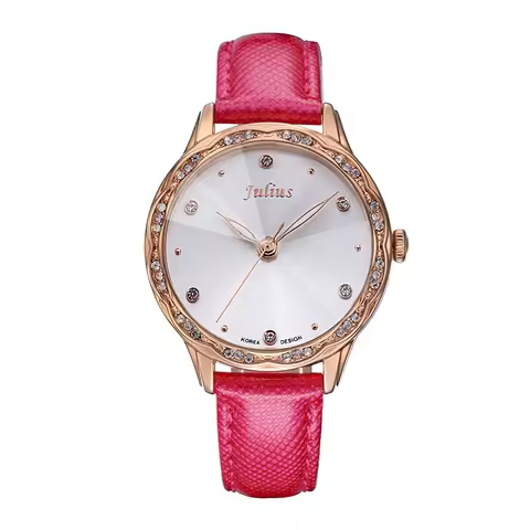 Hot Pink Julius Lady Women's Watch Japan Quartz Rhinestones Elegant Fashion Hours Real Leather Girl'