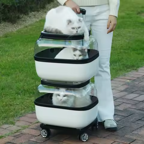 Double Layer Outdoor Cat Trolley Bag Wheels Carrier Transparent Cats Strollers 2 Cats Cheap Breathab