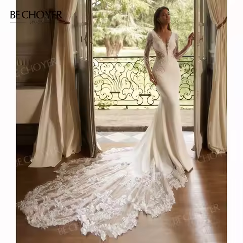 Luxury Long Sleeve Mermaid Wedding Dress V-neck Beaded Backless customized Bride Gown Princess BECHO