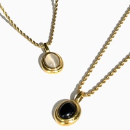 Peri'sbox Stainless Steel 18K Gold Pvd Plated Black White Gem Stone Oval Pendant on Twist Rope Chain Necklace Stacking Jewelry