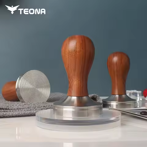 TEONA Coffee Tamper Stainless Steel 51mm 53.3mm 58mm Tamper Coffee Powder Tampers Wood Handle For 51