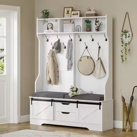 Hall Tree with Bench and Shoe Storage, Entryway Bench with Coat Rack, Modern Farm House Barn Door 3-
