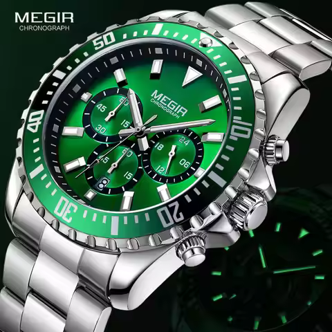 MEGIR Men's Chronograph Quartz Watches Stainless Steel Waterproof Lumious Analogue 24-hour Wristwatc