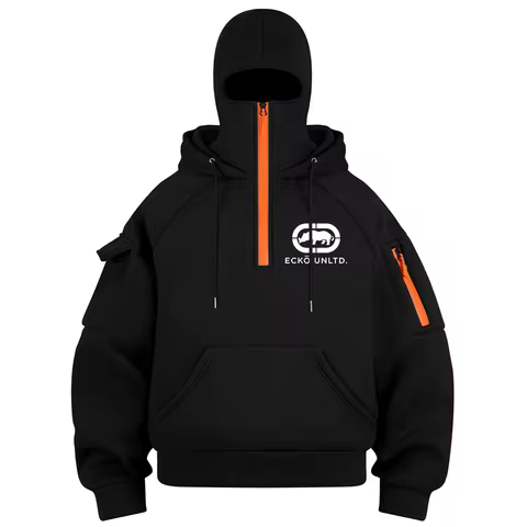 Men Autumn Winter Cozy Pullover Hoodie Balaclava 'Ecko Unltd.' Rhino Pattern Long Sleeve Zipper Pock