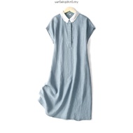 LAHSTORE straight linen dress with chiffon shirt collar, mussel sves, emed cups DS32 (Green Com)