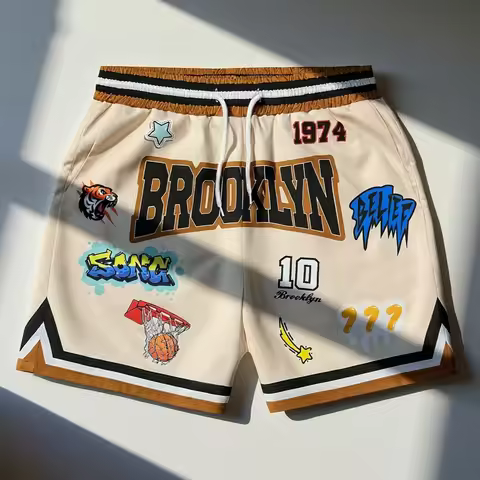 Summer BROOK LYN Y2K Graphic Print Basketball Shorts Men's Casual Quick-dry Beach Shorts Comfy Relax