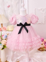 時尚嬰兒女寶寶泡泡袖禮服,閃亮蕾絲設計,適用於攝影道具和服裝