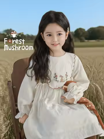 Girls Fresh Forest Dress Autumn Breathable Exquisite Embroidery Notched Collar Lightweight Ethereal 