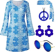 60s 70s Disco Outfit Hippie Costume Women, 1970 Style Clothes Dress Peace Sign Accessories Jewelry H