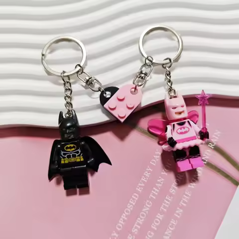 Batman Fairy Lego Keychain Set, Cute Couple Matching Keyrings with Pink Heart, Gift for Fans and Fri