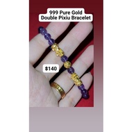 999 Pure Gold Double Pixiu Gold ball Bracelet amethyst