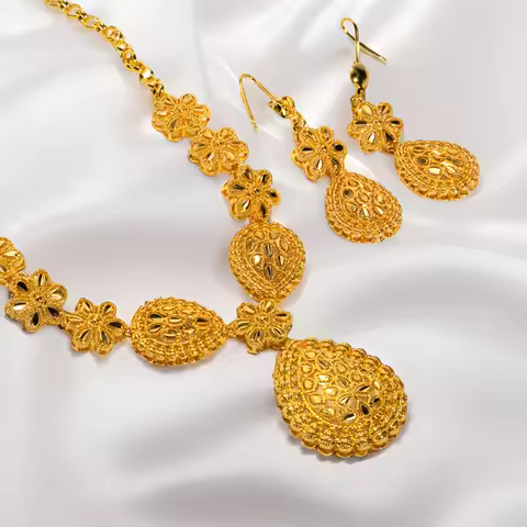 24k Au999 Gold Bridal Necklace & Earrings 2pcs Set Teardrop Shape Indian Dubai Style (sand Gold Fini