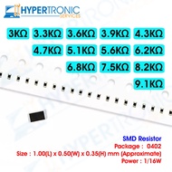 10 pcs SMD Resistor, Size 0402 ,  3k 3.3k 3.6k 3.9k 4.3k 4.7k 5.1k 5.6k 6.2k 6.8k 7.5k 8.2k 9.1k ohm