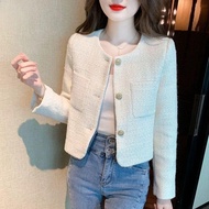 S-XXL Women Blazer Jacket Tweed Short Pocket Slim Loose Spring Autumn Fashion Casual Elegant Business Formal Office Work Suit Outerwear Beige White