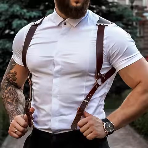 Fashion Men Knight Brown PU Leather Suspenders Fashion Suit Shirt Suspenders Belt for Party Club Cos