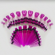 48pcs Transparent Purple Heart-Shaped Ear Gauges Set With Acrylic Tapers, Elegant Design, 14g-00g Si