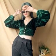 OAINY Bejeweled Velvet Long Sleeve Crop Top