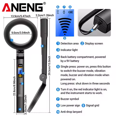 ANENG DM3005B 3-in-1 Handheld Blue Backlight Sound Vibration Dual Metal Detector Foldable Design wit