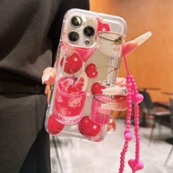 1ชิ้น เชอร์รี่น่ารัก, แก้วไวน์สดใหม่, จับคู่กับสายคล้องคอรูปหัวใจสีชมพูบานเย็น, เคสโทรศัพท์กันกระแทก