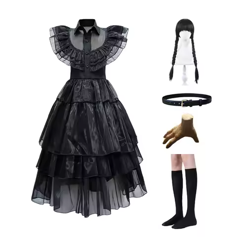 Black Mesh Fluffy Dress for Kids Addams Family Cosplay Costume Halloween Dress Up Party Children Adu