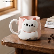 DELMER Ceramic Mug, Hand Painted 3D Embossed Coffee Cup, Creative Cartoon 500ml Cat Pattern Milk Mug