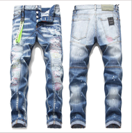 สไตล์ยุโรป DSQUARED2ยี่ห้อบุรุษกางเกงยีนส์2022บุรุษแฟชั่นสบายๆกางเกงยีนส์บาง Biker หลุมฮิปฮอปเย็บปัก