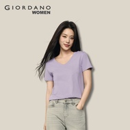 [Online Exclusive - Korea Collection] Giordano Women Solid Color Cotton V-Neck Short-Sleeve T-Shirt