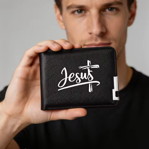 Men's Jesus Cross Pattern PU Leather Double Fold Short Wallet Casual Multi-Slot Credit Card Holder M