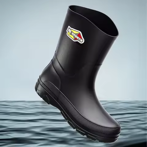 Men's Mid-Calf Rain Boots Pure Black Fishing Boots Slip-Resistant Large Size 39-48 Waterproof Rubber