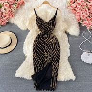2021Sexy Spaghetti Strap Dress Women Elegant Zebra Stripes Party Bodycon Vestidos Female Summer V-Neck Split Robe 2021 New Fashion
