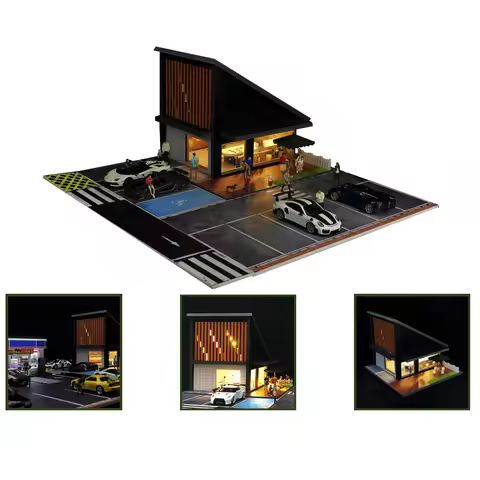 G FANS 1:64 Car Garage Models Shop Parking Building Led Diorama Building Scene Model with Lights Car