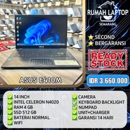 Laptop Asus E410M (second). Intel Celeron N4020. RAM 4 GB. SSD 512 GB. Keyboard Backlight. Siap Paka