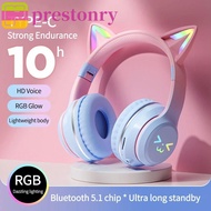 PRESTONRY Cat Ear Bluetooth Earphones, ABS Cat Ear Gradient Wireless Headphones, LED Light Headphone