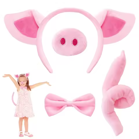 Skeleteen Pig Costume Accessories Set Fuzzy Pink Pig Ears Headband, Bowtie, Snout and Tail Kit Pigle