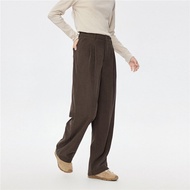 Giordano Womens Vintage Pleated Casual Pants Mid-Waist Corduroy Long Trousers Straight Leg Pants for