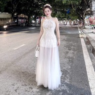 Luxurious lady's dress, gentle lady's dress, women's dress Sleeveless Beautiful long halter neck 728