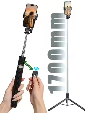 1700mm Extendable Selfie Stick Tripod with Bluetooth Remote, Foldable Phone Monopod for Stable Live 