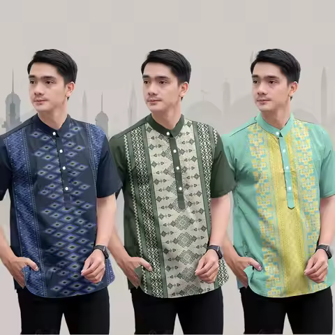 Henley Batik Shirt Muslim Men Baju Raya 2025 3D Printed Stand Collar Short Sleeve Top Adult Men's Ku