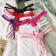 GS381 Women's Sexy Pearl G-String Panties Open Crotch Brocade Butterfly Pattern 2 Straps