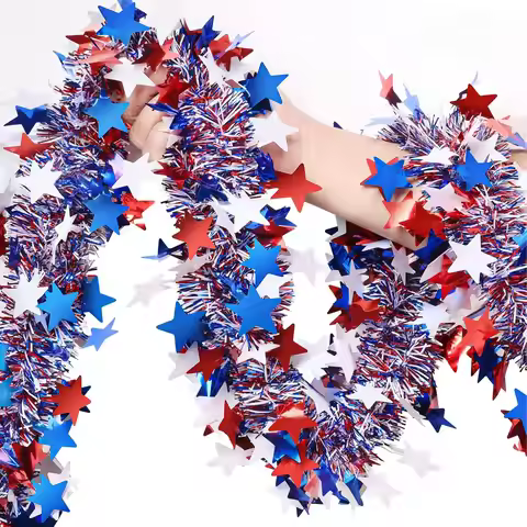6.5Ft/200cm 4th of July Red White Blue Star Tinsel Garland Memorial Day Patriotic Decoration Indepen