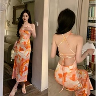 Light Orange Long Beach Dress - Korean Style Backless Plus Size 2XL