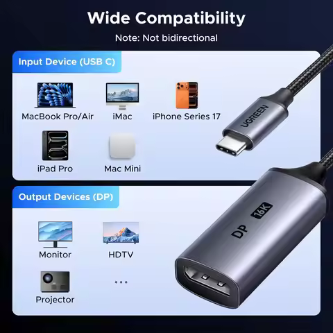 UGREEN USB C to DisplayPort Adapter 8K@60Hz 4K@240/144/120Hz 2K@360Hz Type C Thunderbolt 5/4 DP 1.4 