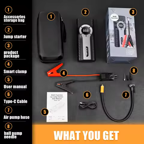 1200A Peak Jump Starter with Air Pump 12000mA, 12V Portable Car Battery Booster, Auto-Stop Inflator,