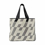 HERMES Cabas H En Biais 白色帆布提花肩背包手提包