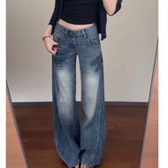 [Lu77 Studio] Denim Straight-Leg Pants American Retro Slimmer Look Jeans Low-Waist Slim-Fit Floor