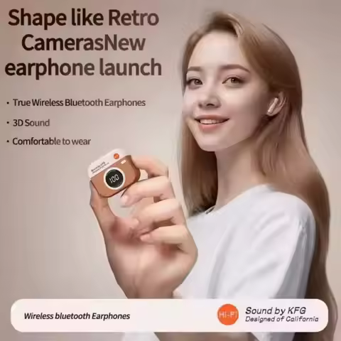 Q86 Retro Camera Leather Grain Design Wireless Earbuds in-Ear Earphones with Screen Digital Display 