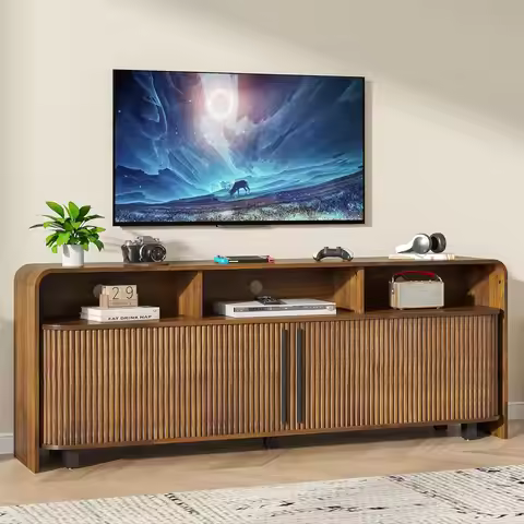 Fluted TV Stand for 75 65 80 Inch TV, 70 Inch Long Walnut Entertainment Center with Storage, Large M