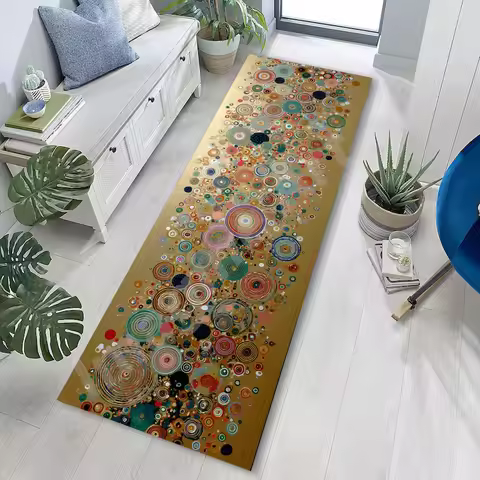 Runner Rug Golden Abstract Circles Design Runner Rug Dark Floor Decor Modern Runner Rug Colorful Mod